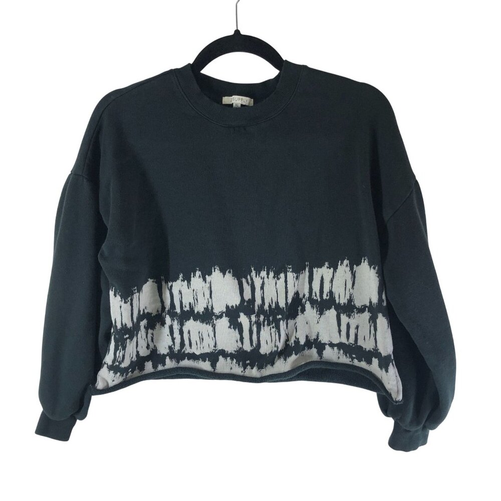 Z Supply Tempest Stripe Tie-Dye Fleece Pullover Sweatshirt Crop Raw Hem Black XS